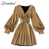 Foamlina 2019 Jesień Moda Sexy Kobiety V Neck Długi Rękaw Lantern Golden Glitter Eleganckie Damskie Boże Narodzenie Dress Vestidos Y1204