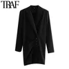 TRAF Women Chic Fashion With Shoulder Pads Mini Dress Vintage Notched Collar Long Sleeve Female Dresses Vestidos Mujer 210415