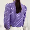 Eleganckie kobiety Polka Dot Purple Koszulki Moda Damska Rękaw Puff Topy Słodka Kobieta Chic Odwróć kołnierzowe bluzki 210430