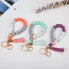 Wooden Tassel Bead String Bracelet Keychain Silicone Beads Bracelets Women Girl Keyring Wrist Strap Key Ring Chain Beaded Wristlet Bangle Portable Car Holder