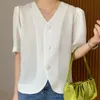 Women Green Daliy Linen Blusas Elegant Blouse V-neck Short Puff Sleeve Loose Shirt Fashion Summer 16W882 210510