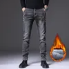 Jeans pour hommes chauds hommes 2022 hiver polaire mince droite gris stretch plus velours épaissir denim pantalon pantalon mâle régulier