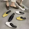 SUOJIALUN 2021 femmes nouveau printemps mule chaussures carré talon bas pantoufle peu profonde sans lacet diapositives bout carré dames décontracté extérieur sandale C0330