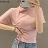 Shirts for Women Vintage Drawstring Tshirts Ropa Mujer Half Turtleneck Knitted Tees Summer Thin Tops Female 95666 210519