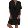 Effen kleur losse basisjurk vrouwen knop korte mouw dames katoen en casual vestidos de verano dames badmode