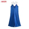 Tangada Mulheres Azul Cetim Longo Jumpsuit Sem Mangas Side Zipper Verão Feminino Jumpsuit Casual QD61 210609