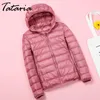 Tataria Inverno Casaco Mulheres Ultra-Luz Fina Down Jacket Branco Pato Com Capuz Fêmea Sólido Windproof Outwear 210514