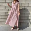 Summer Loose Lace Up Dresses Robe Femme Casual Sleeveless Blue Striped for Women Plus Size Long Shirt Dress 10389 210508