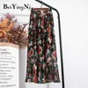 Beiyingni Lato Szyfonowa Plaża Boho Maxi Kobiety Spódnica Wysoka Talia Floral Print Vintage Wakacje Ruched Long Fashion Spódnicy Faldas 210621