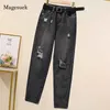 Herfst donkergrijze jeans losse gat hoge taille dun breed been oude harembroek gescheurd voor vrouwen vaqueros mujer 10826 210518