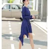 Fashion Women Spring O-neck Long Sleeve Blue Dot Printted Hight Waist Bowknot Irregular Casual Office Mini Dress 210514