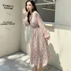 ビンテージVネック弾性ウエスト女性ドレス花柄プリント女性ファッション秋冬Aラインシフォンvestidos Femme 210423