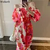 Summer Slash Neck Sweet Floral Print Dress Donna Sexy Off spalla Abiti con maniche a sbuffo Vintage Elegante Beach Streeetwear 210519