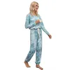 Mode Casual Overalls Lange Rompertjes Womens Dames Home Print Blue Jumpsuits Lange Mouw Lace Up Jumpsuit Dames 210508