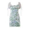White Lace Spliced Summer Dress Women Puff Sleeve Polka Dot Slit Boho Dress Floral Print Vintage Short Beach Dress 210415