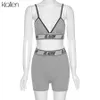 KLALIEN sexy v neck crop top and shorts 2 piece set women print letter tracksuit fitness outfit slim soft cotton biker short set X0428