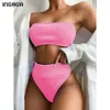 INGAGA Bikini a vita alta Costumi da bagno a fascia Costumi da bagno Donna Nero senza spalline Taglio biquini Costume da bagno Beachwear 210702