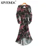 Women Fashion With Drawstring Floral Print Asymmetrical Midi Dress Vintage Long Sleeve Backless Female Dresses Mujer 210416