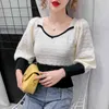 Female Winter Receive Waist Slim Knitting Tops Vintage Patehwork Puff Sleeve Short Pullovers Thickened Sweaters Lady 210514