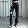 Aberyamee Bayan Ripped Kot Rahat 90 S Uzun Pantolon Yüksek Sokak Lady Moda Dış Giyim Katı Düğme Cepler BF Baggy Pantolon 210708