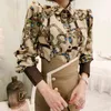 2 Piece Set Autumn Women Printing Lantern Sleeve Turn-down Vintage Office Lady Top+Single-breasted Knee-length Party Skirt 210514