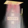 Borstad regn LED Duschsystem Set 14 x 20 tum takmonterad rektangel Stor badrum Lyx vid Atomisering av regn mässing Termostatisk kran