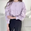 Violet doux Blusas coréen Vintage manches bouffantes solide Blouses haut pour femme boutons printemps lâche Ropa Mujer 210415