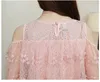 Summer Flower Short Sleeve Women Blouse shirt lace stitching Chiffon Shirt White Pink Lace Off Shoulder tops 908G 210420