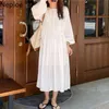 NEPLOE MAXI DRESSES FOR KVINNOR KOREAN CHIC Elegant Vestidos O-Neck Puff Sleeve Robe Loose Patchwork Lace Ruffles Vit klänning 210422