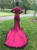 Burgundy Long Sleeves Mermaid Evening Dresses with Lace Appliques Court Train Satin African Formal Prom Party Gowns Plus Size