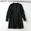 Kvinnor Vintage Platser Stand Collar Hem Lace Stitching Black Mini Dress Office Chic Kvinna Back Zipper Vestido DS4980 210416