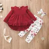 bambini Completi di abbigliamento ragazze Completi floreali Bambini Abito manica volante Top + Pantaloni con stampa floreale + Fascia per capelli 3 pezzi / set Primavera Autunno moda Boutique vestiti per bambini