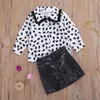 2-7Y Enfant Kid Girls Vêtements Set Blouses en dentelle Tops Jupes en cuir PU Tenues Costumes pour enfants Automne Printemps 210515