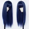 Long Silky Straight Synthetic Wig Full Neat Bangs Blue Pink Color Cospaly Party Hand Tied None Lace Wigs Heat Resistant Fiber for Black Women