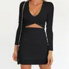 Casual Dresses Women's Sexy Slim Cutout Mini Dress Solid Color Pleated Long Sleeve Low V Neck Neckline For Spring Autumn