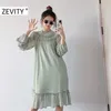 Zevity Femmes Mode Agaric Dentelle Dot Couture Casual Robe en mousseline de soie Lady Lanterne Manches Droite Robe Chic Robes DS4510 210603