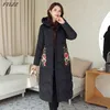 Winter Women Cotton Coat Flower Embroidery Single Breasted Long Jacket Stand Collar Thick Warm Outwear 210423