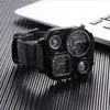 GMT Dual Time Military Mens Watch Stainless Steel Case Back Outdoor Quartz Watches Canvas Band Compass 50mm Large Square Dial Masculine Wristwatches