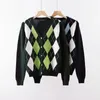 Women Cardigan Vintage Stylish Geometric Pattern Short Knitted Sweater Fashion Long Sleeve English Style Outerwear Chaqueta 210521