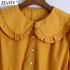 Women Sweet Agaric Lace Peter Pan Collar Solid Short Shirt Female Puff Sleeve French Style Blouse Roupas Chic Tops LS9197 210416