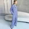 Bleu Satin Accueil Costume Casual HomeWear Printemps Marron À Manches Longues Haut Et Pantalon Femmes Ensembles Lâche Solide Pantalon Femmes 2 Pièces Ensemble 210515