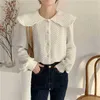 Kobiety Chic Koszule Retro Francuski Koronki Zagęścić Delikatne Długie Rękawy Peter Pan Collar Elegance Bluzka Kobieta Top 210525