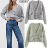 Cardigan court tricoté gris femmes manches longues Preppy câble tricot col en V pull femme vert boutonné 210519