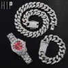 Hip Hop 20mm 3pcs kit Silver Color Watch + Halsband + Armband Bling Crystal AAA + Iced Out Kubanska Rhinestones Kedjor för Män Smycken