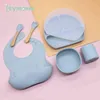 6pcs/lot Solid Silicone Baby Feeding Bowl Plate Tableware Set Waterproof Kids Spoon Baby Bibs Suction Bowl Children's Dishes 211027