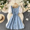 Korean Women Jeans Dress Summer Fashion Embroidery Hollow Out Short Sleeve Mini Denim Casual Streetwear Everyday Wear 210603