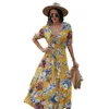 Vintage Maxi Boho Sukienka Dla Kobiet Sun Summer Sexy Drukowane Plażowa Talia Slim Długie Czeski Vestidos 210508