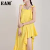 [Eam] Mulheres Amarelo Ruffles Irregular Atadura Vestido Neck Sem Mangas Loose Fit Moda Primavera Verão 1d7663 21512