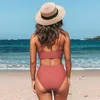 Bikini Zestaw Kobiety Lato Moda Sexy Solid Color Backless Bra i majtki Dwuczęściowy strój kąpielowy Dorywczo Kwiaty stroje kąpielowe 210712