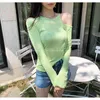 slash South Korea T Women Spring Solid sexy Slim Fit skinny green Tee Long Sleeve Tshirt Tops female girls shirt 210417